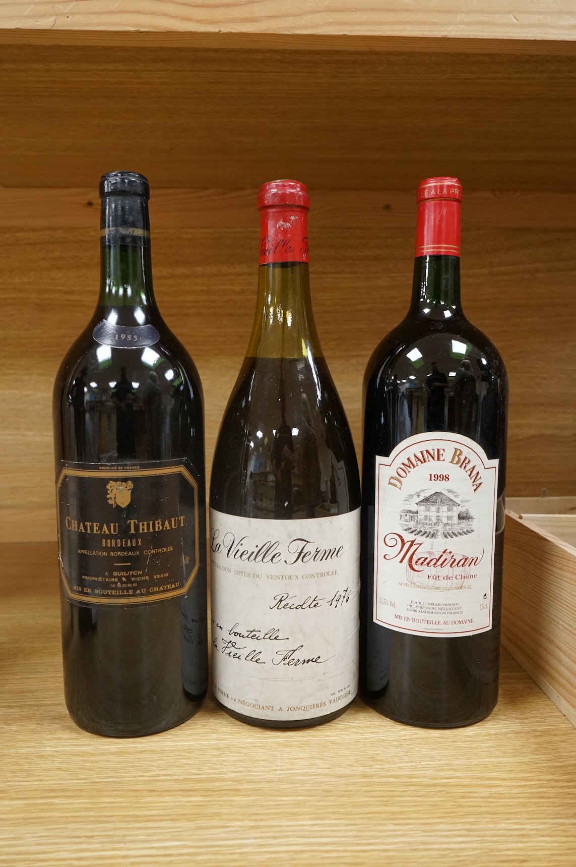 Wine: Chateau Thibaut, 1985 magnum Domaine Brana magnum 1998, Chateau Haut Mongreat magnum 1993, La Vielle Ferme magnum 1976